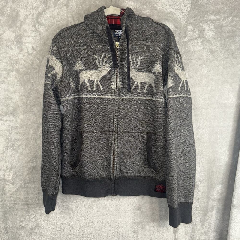 Polo Ralph Lauren Women's Fleece Reindeer Full Zip Hoodie Gray Jacket Size L